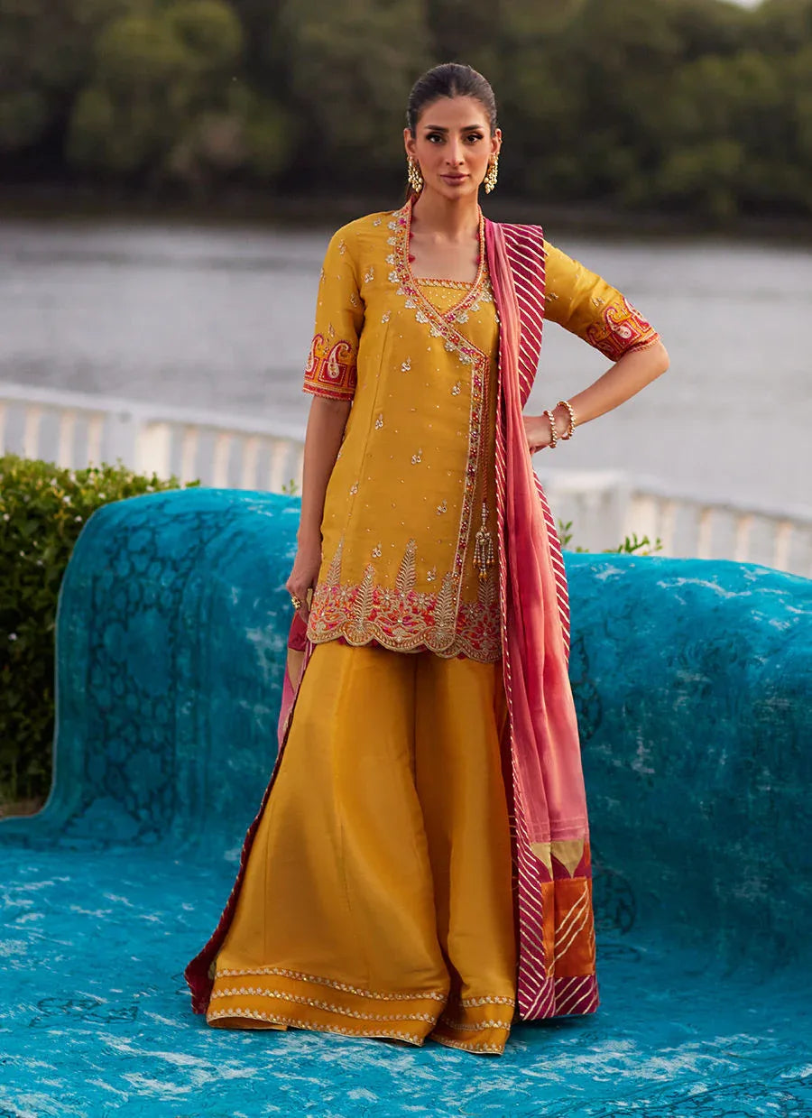 Farah Talib Aziz | Mayna Festive Luxe Pret | Henna Saffron Angharkha And Dupatta - Rang-e-Khaas