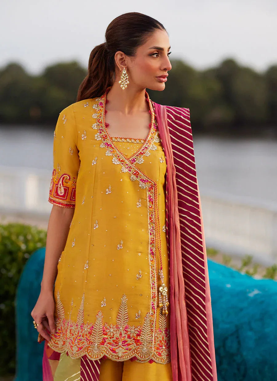 Farah Talib Aziz | Mayna Festive Luxe Pret | Henna Saffron Angharkha And Dupatta - Rang-e-Khaas