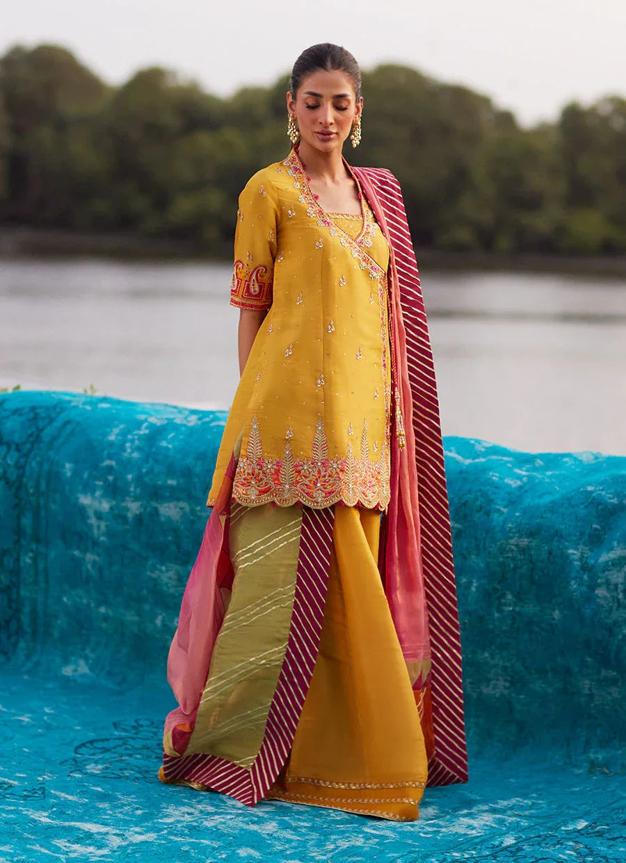 Farah Talib Aziz | Mayna Festive Luxe Pret | Henna Saffron Angharkha And Dupatta - Rang-e-Khaas