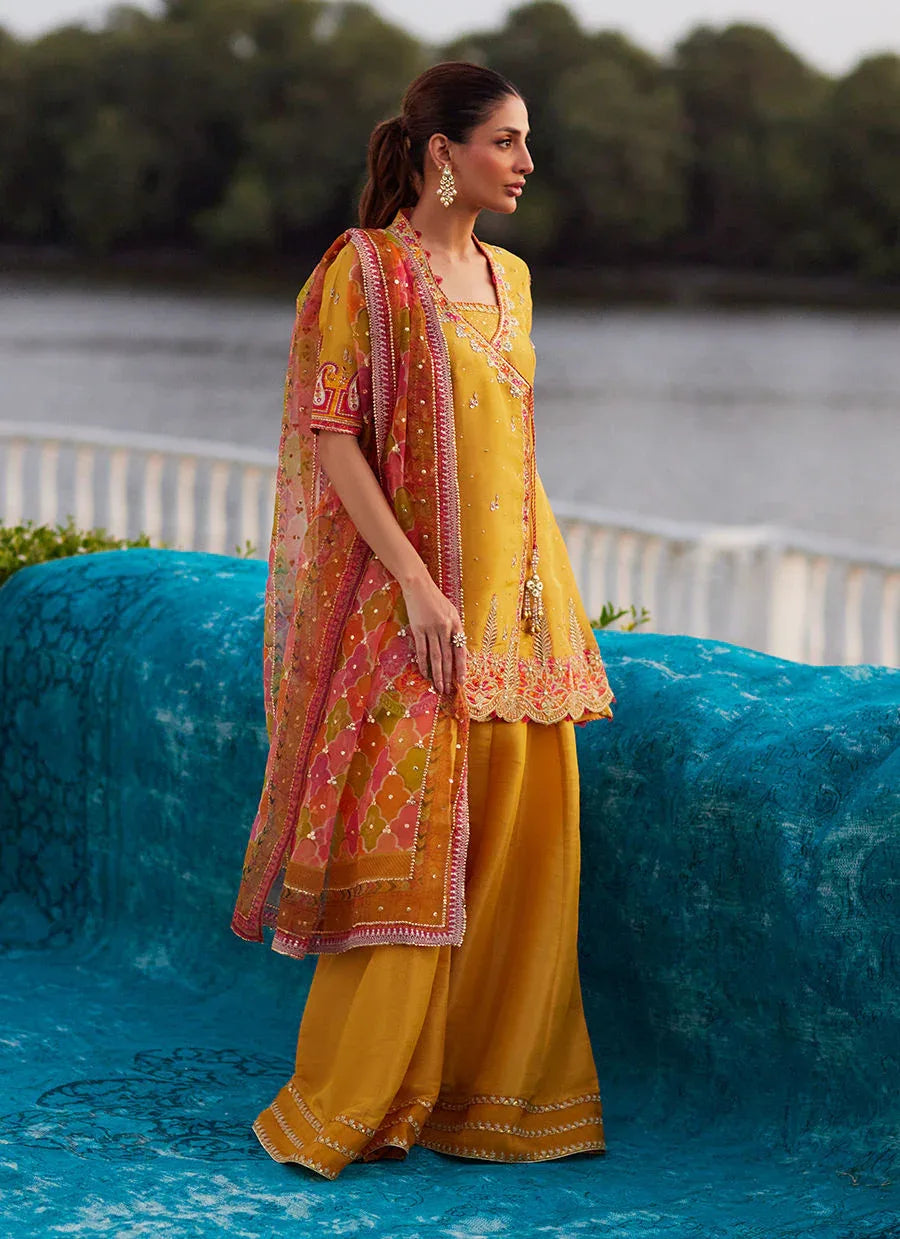 Farah Talib Aziz | Mayna Festive Luxe Pret | Henna Saffron Angharkha And Dupatta - Rang-e-Khaas
