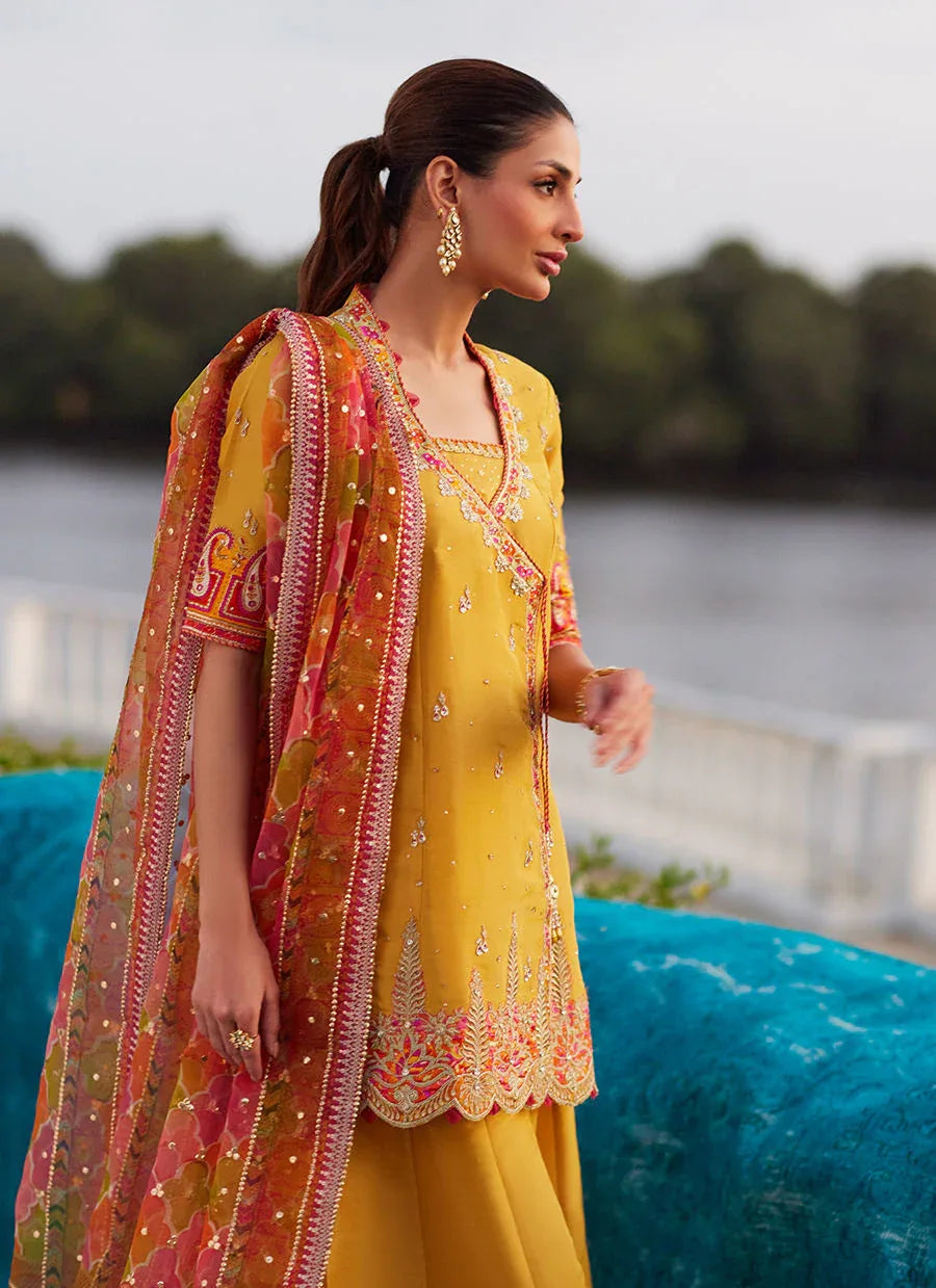 Farah Talib Aziz | Mayna Festive Luxe Pret | Henna Saffron Angharkha And Dupatta - Rang-e-Khaas