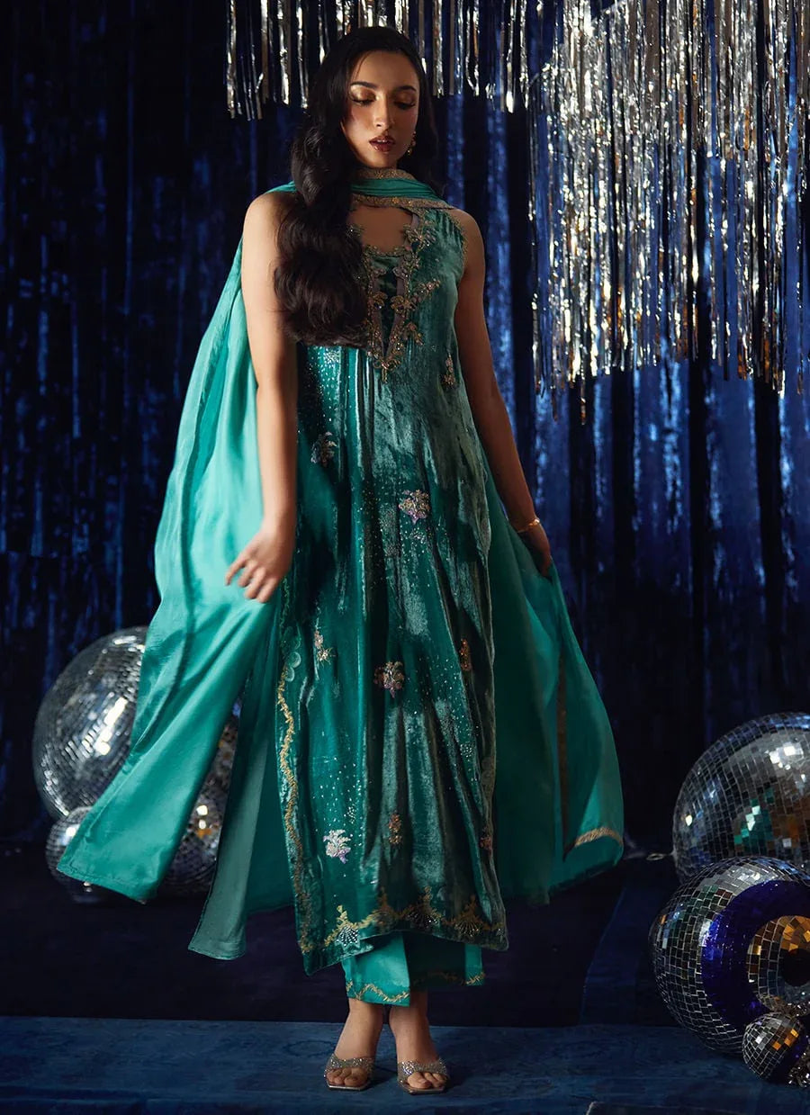 Farah Talib Aziz | Velvet Fete 4 | Ansy Aqua Shirt And Dupatta - Rang-e-Khaas