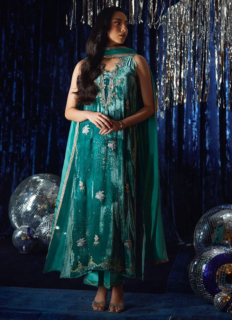 Farah Talib Aziz | Velvet Fete 4 | Ansy Aqua Shirt And Dupatta - Rang-e-Khaas