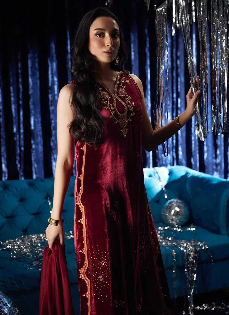 Farah Talib Aziz | Velvet Fete 4 | Arden Garnet Shirt And Dupatta - Rang-e-Khaas