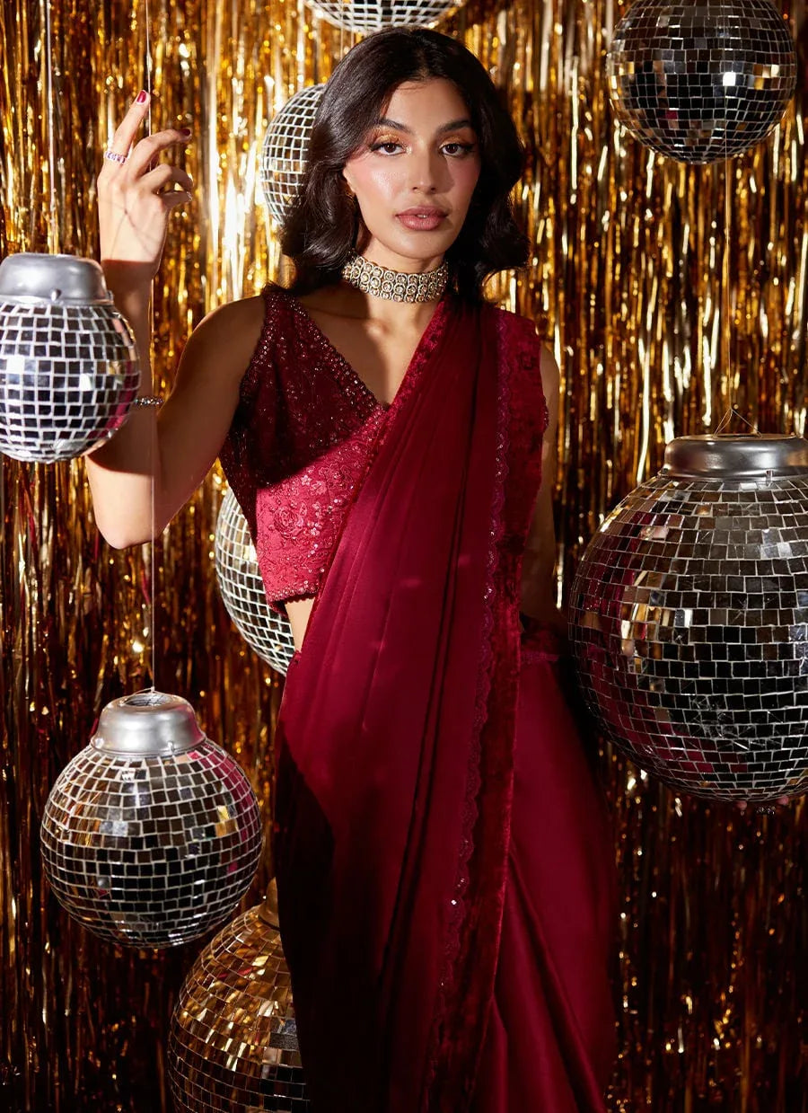 Farah Talib Aziz | Velvet Fete 4 | Carmine Charmeuse Saree And Velvet Blouse - Rang-e-Khaas