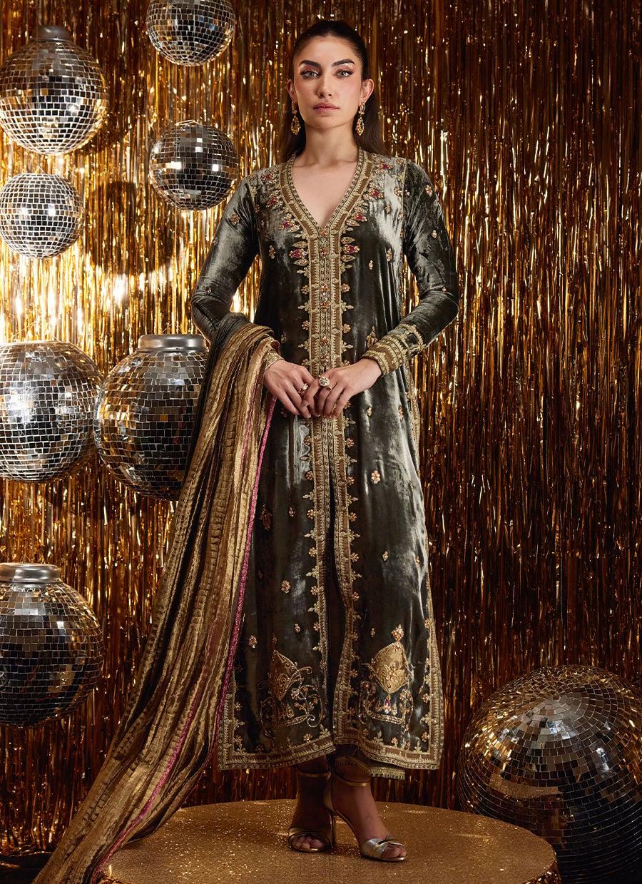 Farah Talib Aziz | Velvet Fete 4 | Sarina Slate Shirt And Dupatta - Rang-e-Khaas