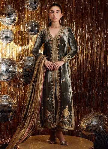 Farah Talib Aziz | Velvet Fete 4 | Sarina Slate Shirt And Dupatta - Rang-e-Khaas