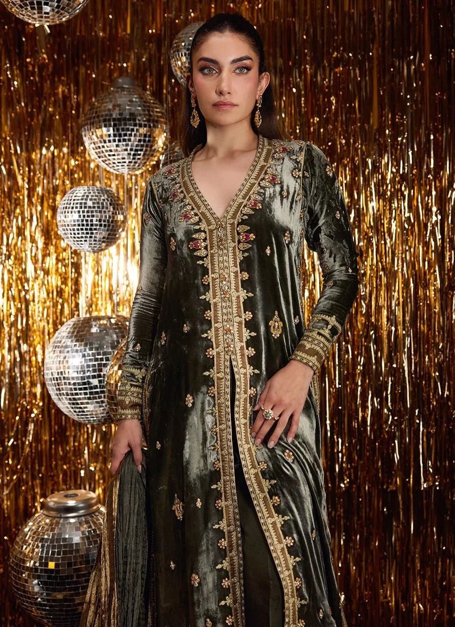Farah Talib Aziz | Velvet Fete 4 | Sarina Slate Shirt And Dupatta - Rang-e-Khaas