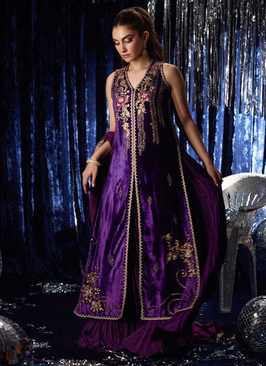 Farah Talib Aziz | Velvet Fete 4 | Amima Aubergine Shirt And Dupatta - Rang-e-Khaas