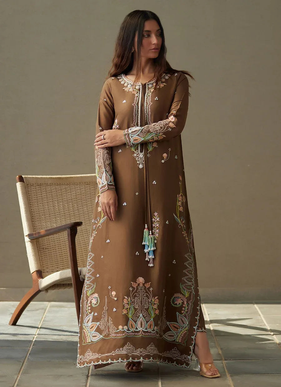 Farah Talib Aziz | Laani The Kaftan Edit | Enia Espresso Silk - Rang-e-Khaas