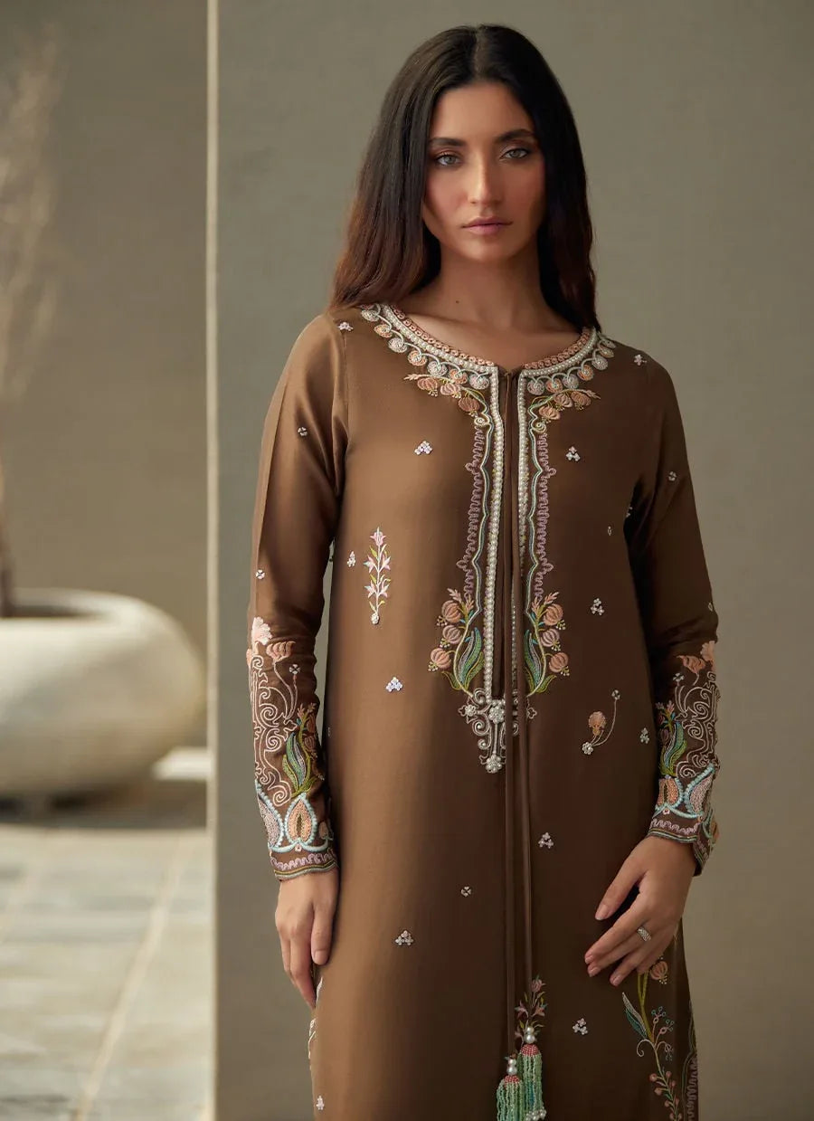 Farah Talib Aziz | Laani The Kaftan Edit | Enia Espresso Silk - Rang-e-Khaas