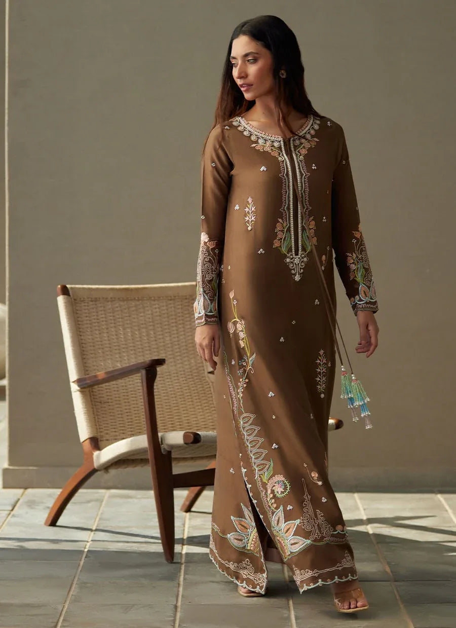 Farah Talib Aziz | Laani The Kaftan Edit | Enia Espresso Silk - Rang-e-Khaas