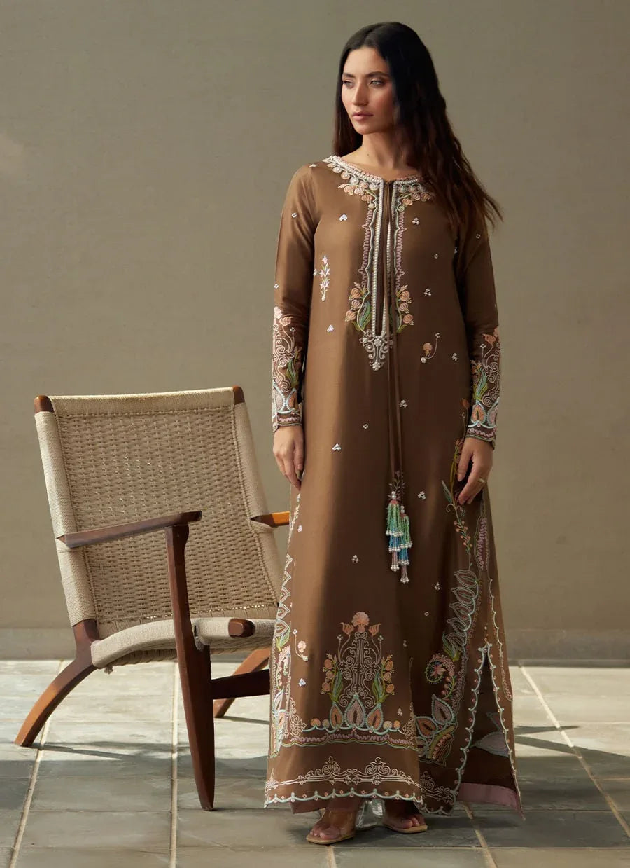 Farah Talib Aziz | Laani The Kaftan Edit | Enia Espresso Silk - Rang-e-Khaas