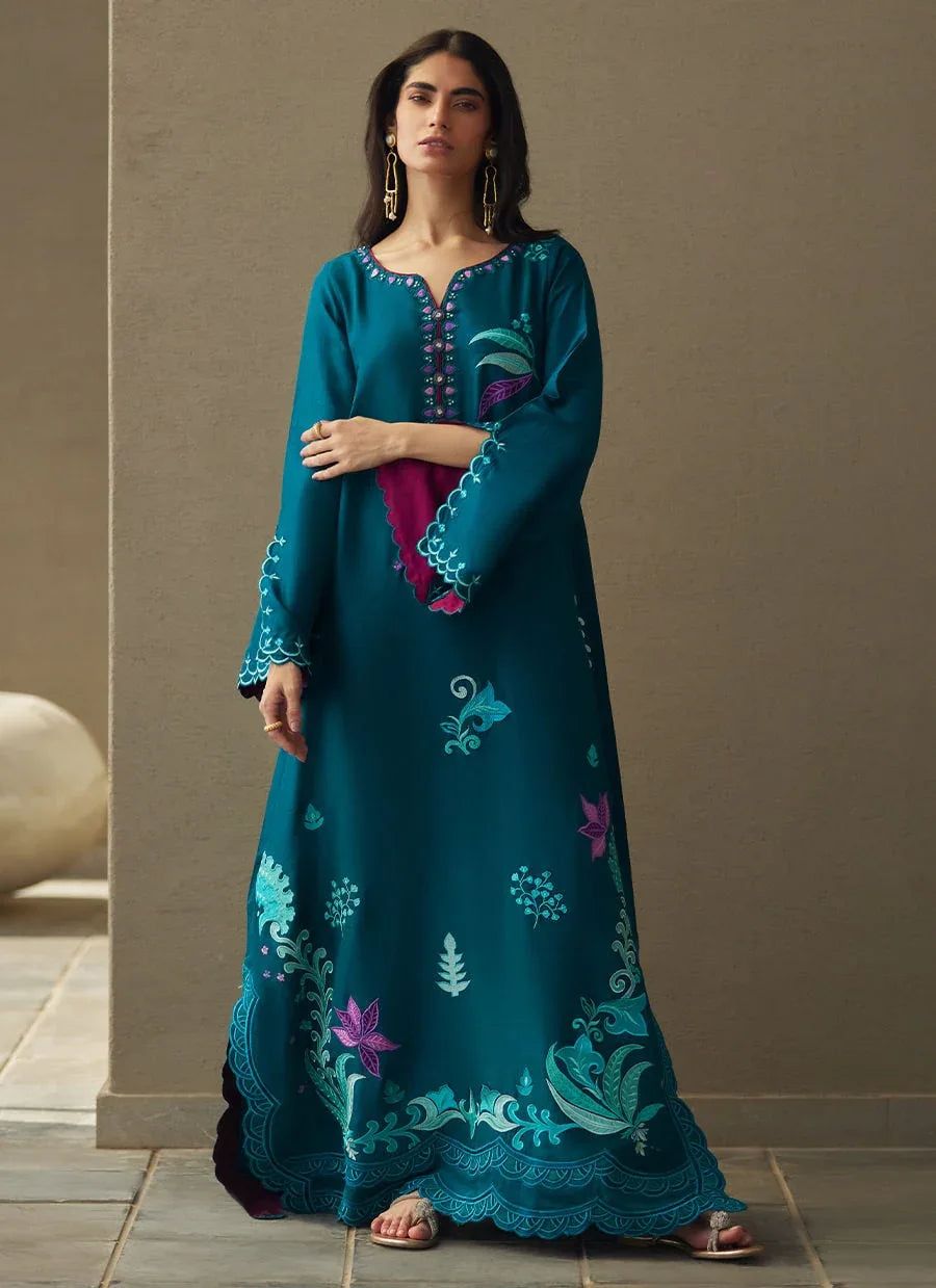 Farah Talib Aziz | Laani The Kaftan Edit | Azurea Teal Silk - Rang-e-Khaas