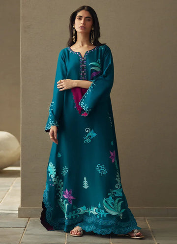Farah Talib Aziz | Laani The Kaftan Edit | Azurea Teal Silk - Rang-e-Khaas