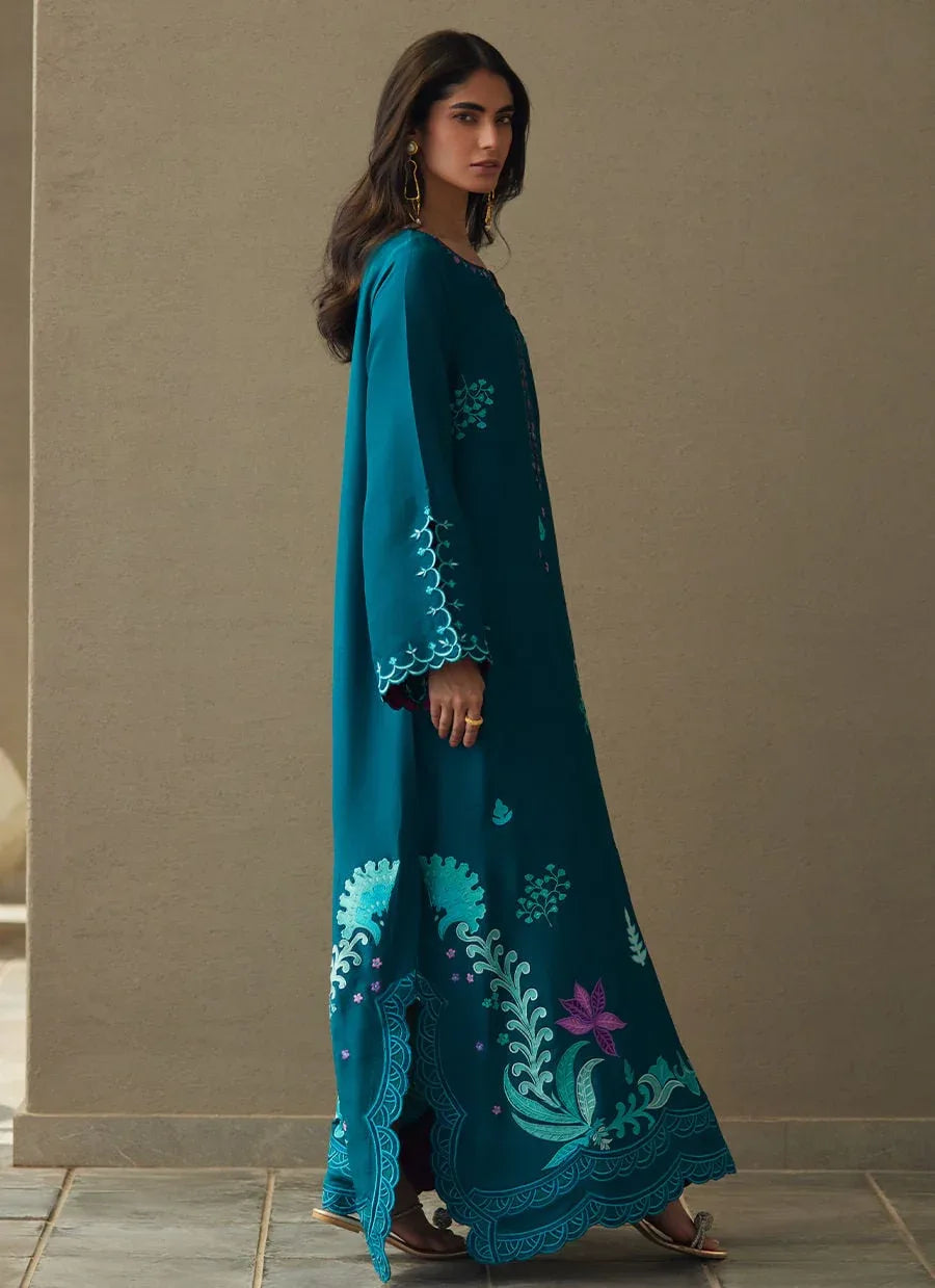 Farah Talib Aziz | Laani The Kaftan Edit | Azurea Teal Silk - Rang-e-Khaas
