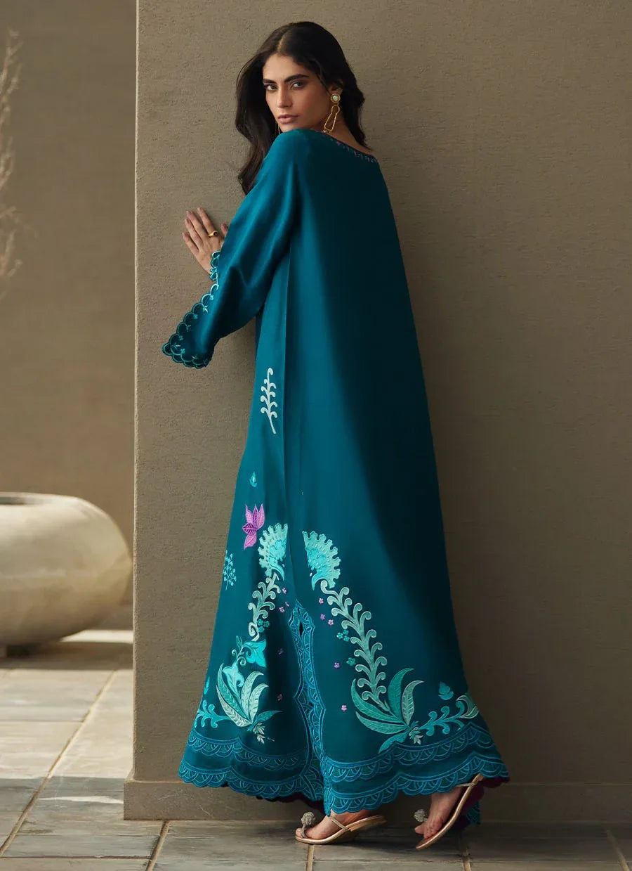 Farah Talib Aziz | Laani The Kaftan Edit | Azurea Teal Silk - Rang-e-Khaas
