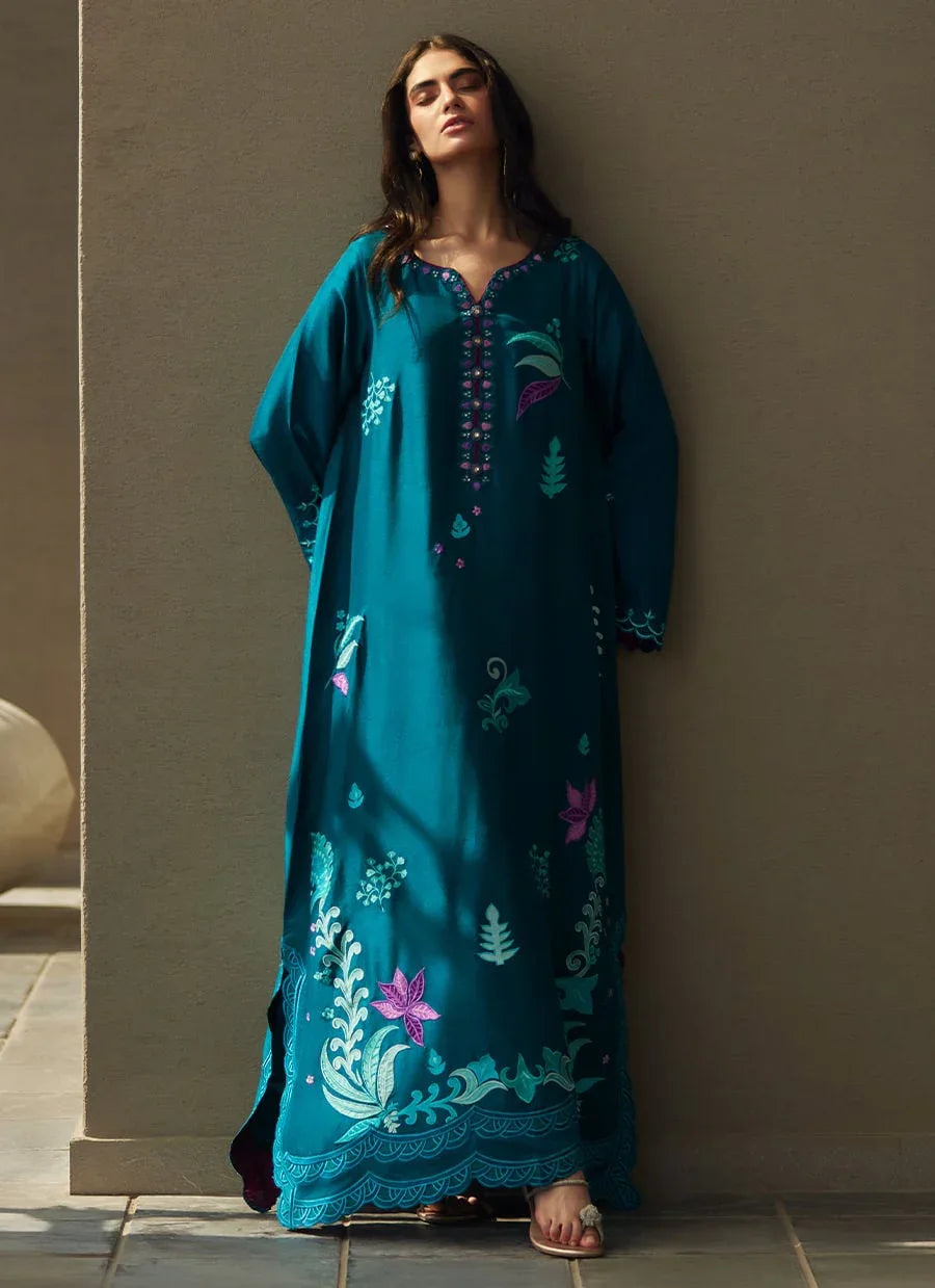 Farah Talib Aziz | Laani The Kaftan Edit | Azurea Teal Silk - Rang-e-Khaas