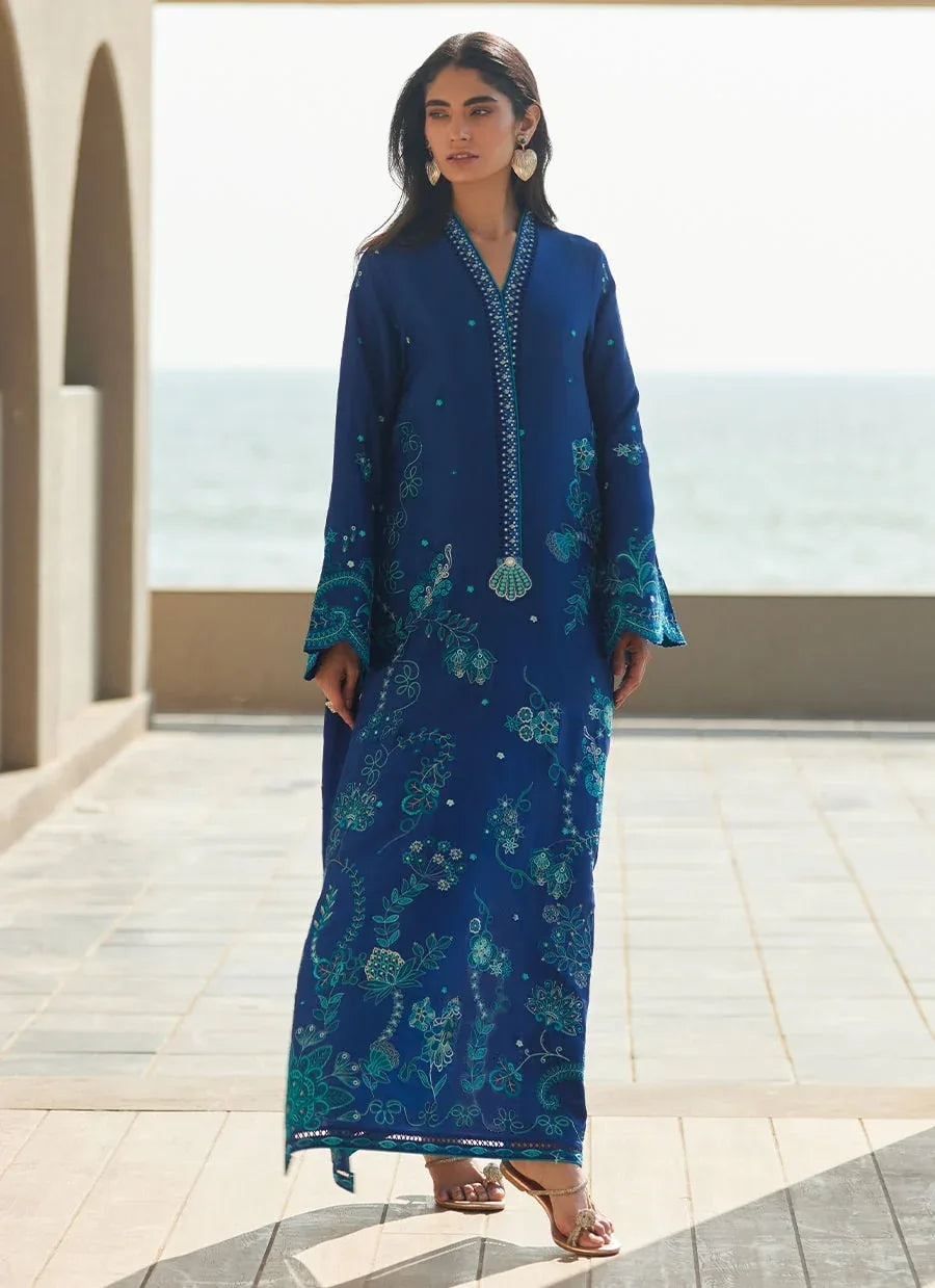 Farah Talib Aziz | Laani The Kaftan Edit | liri Ink Blue - Rang-e-Khaas