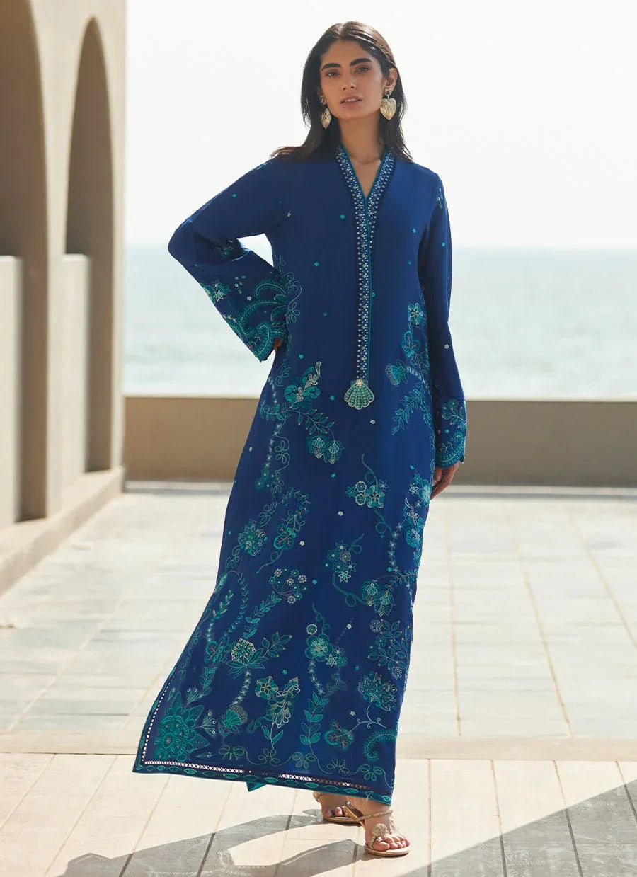 Farah Talib Aziz | Laani The Kaftan Edit | liri Ink Blue - Rang-e-Khaas