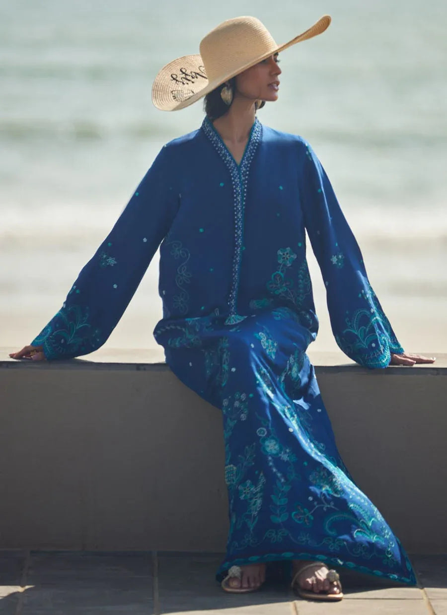 Farah Talib Aziz | Laani The Kaftan Edit | liri Ink Blue - Rang-e-Khaas