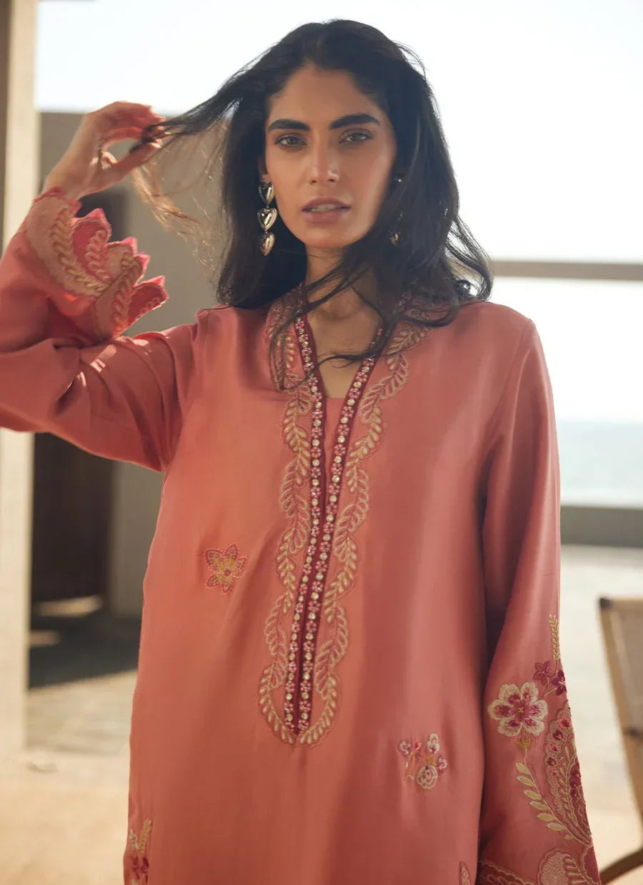 Farah Talib Aziz | Laani The Kaftan Edit | Nami Coral Silk - Rang-e-Khaas