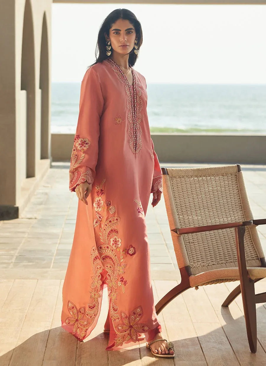 Farah Talib Aziz | Laani The Kaftan Edit | Nami Coral Silk - Rang-e-Khaas