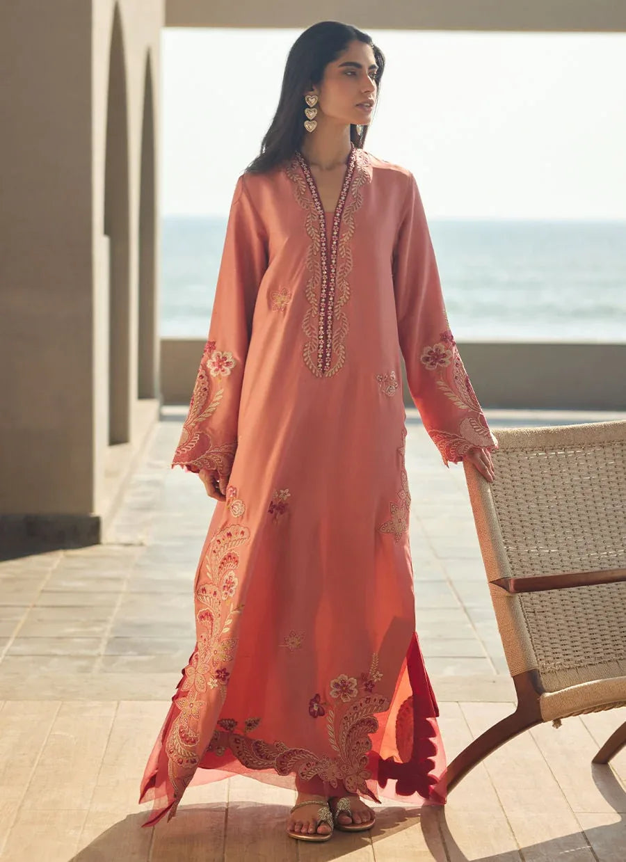 Farah Talib Aziz | Laani The Kaftan Edit | Nami Coral Silk - Rang-e-Khaas