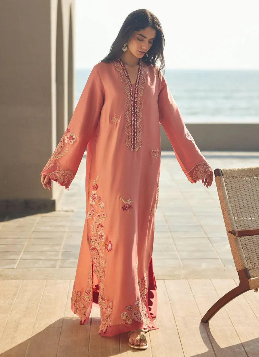Farah Talib Aziz | Laani The Kaftan Edit | Nami Coral Silk - Rang-e-Khaas