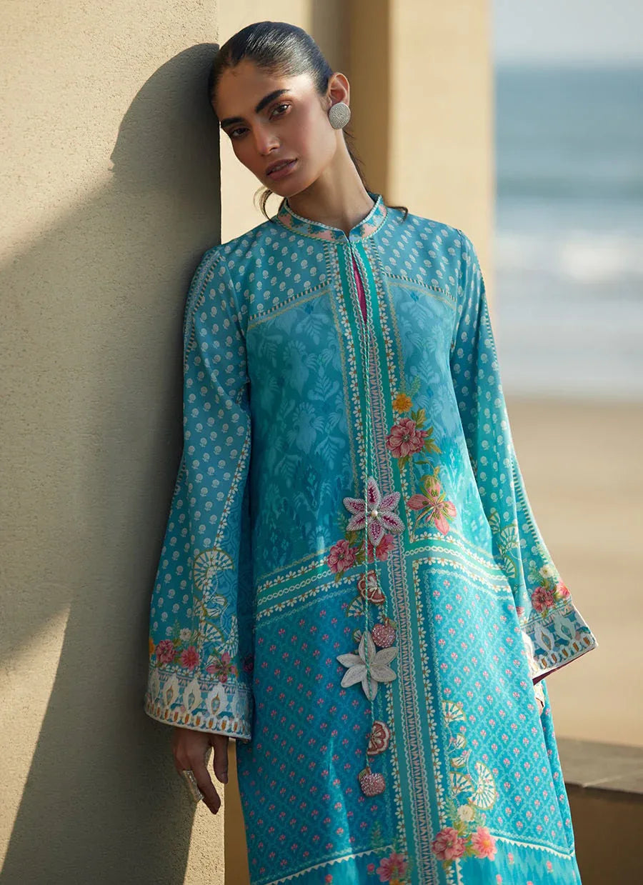 Farah Talib Aziz | Laani The Kaftan Edit | Amaris Sky-Blue Crepe - Rang-e-Khaas