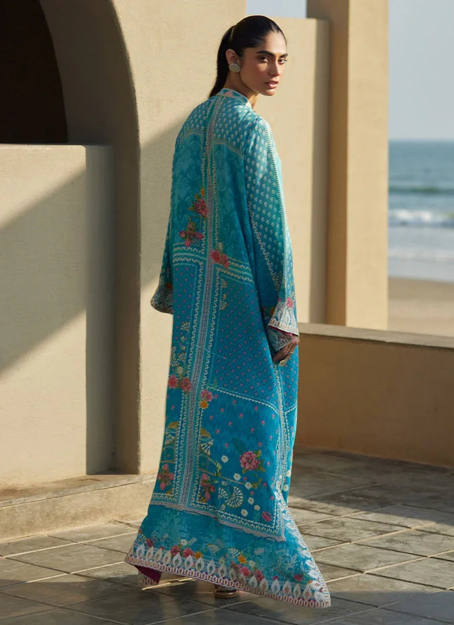 Farah Talib Aziz | Laani The Kaftan Edit | Amaris Sky-Blue Crepe - Rang-e-Khaas