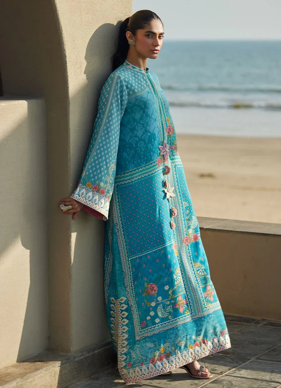 Farah Talib Aziz | Laani The Kaftan Edit | Amaris Sky-Blue Crepe - Rang-e-Khaas