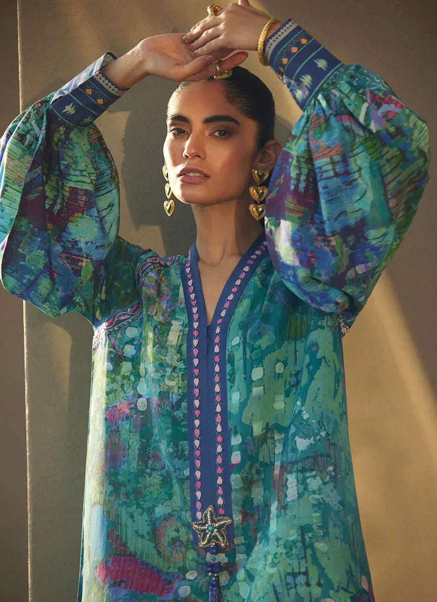 Farah Talib Aziz | Laani The Kaftan Edit | Tulum Blue Crepe - Rang-e-Khaas