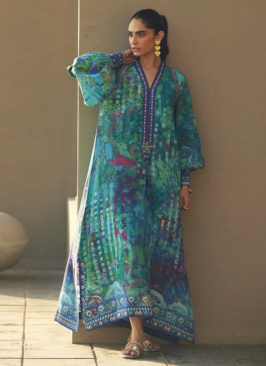 Farah Talib Aziz | Laani The Kaftan Edit | Tulum Blue Crepe - Rang-e-Khaas