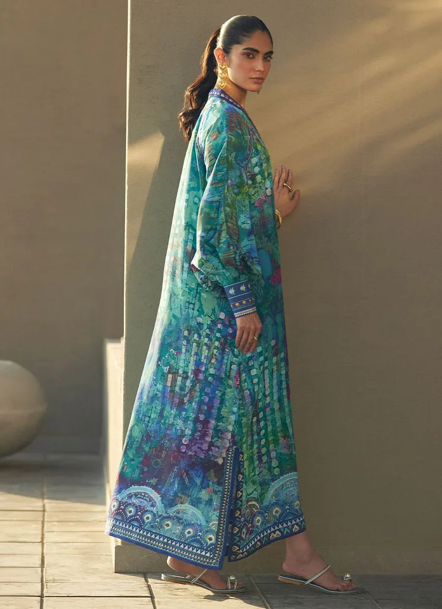 Farah Talib Aziz | Laani The Kaftan Edit | Tulum Blue Crepe - Rang-e-Khaas