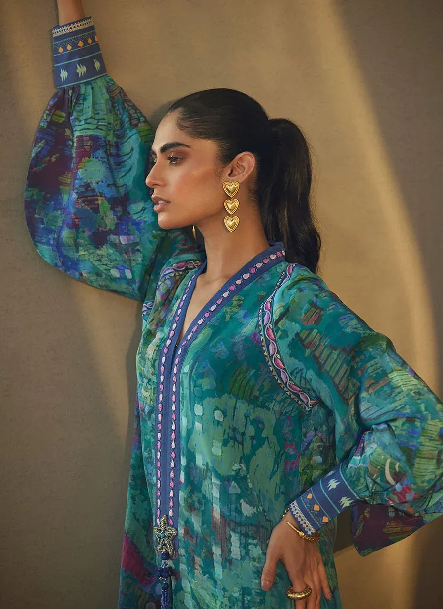 Farah Talib Aziz | Laani The Kaftan Edit | Tulum Blue Crepe - Rang-e-Khaas