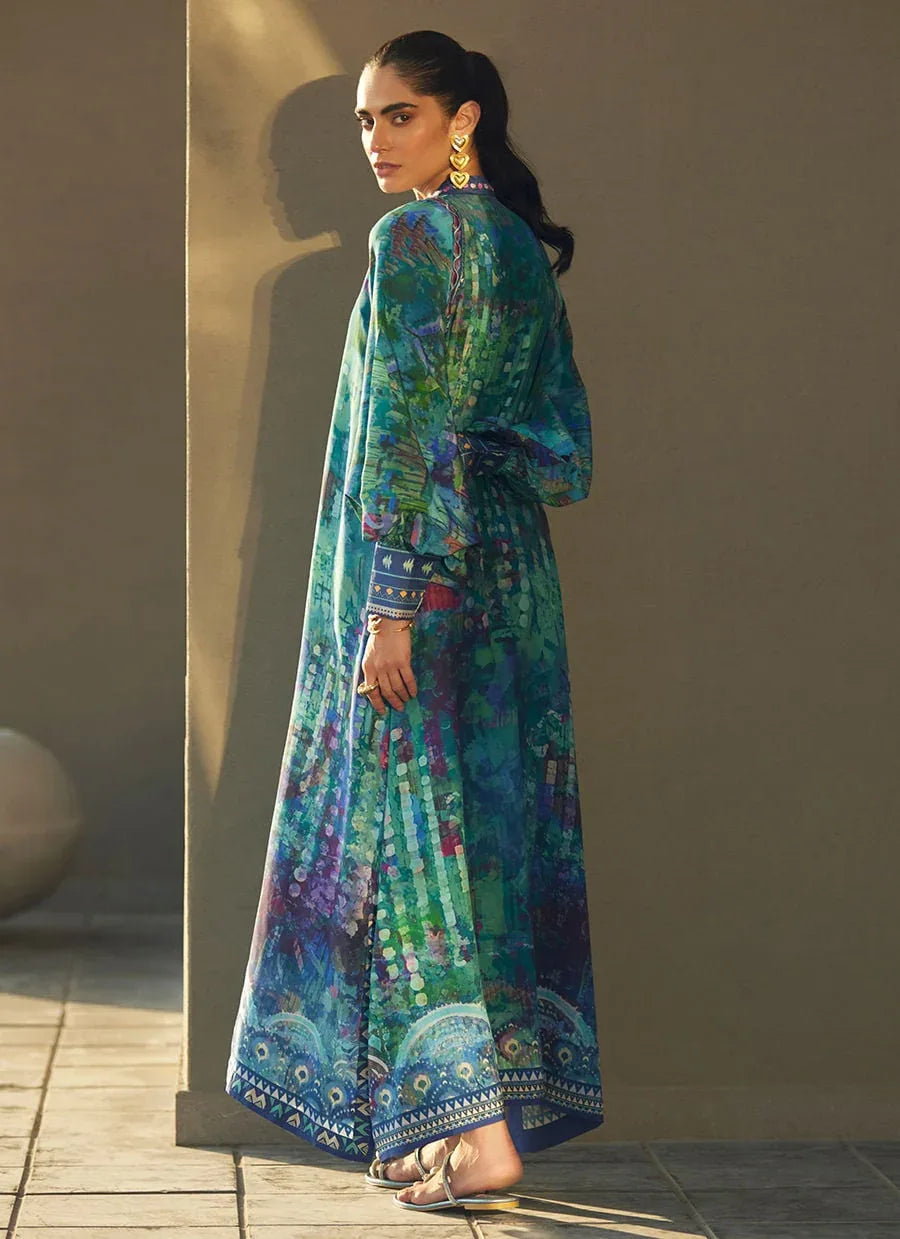 Farah Talib Aziz | Laani The Kaftan Edit | Tulum Blue Crepe - Rang-e-Khaas