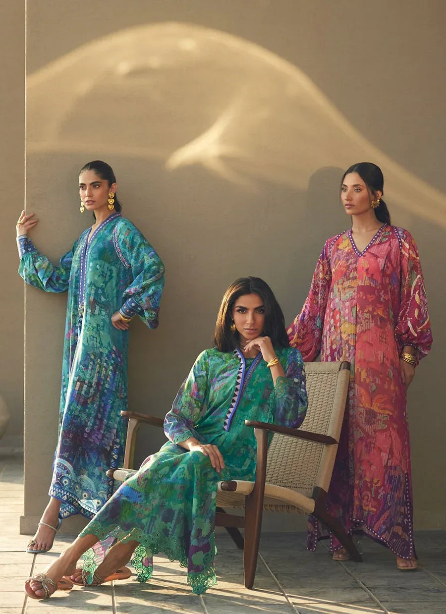 Farah Talib Aziz | Laani The Kaftan Edit | Tulum Blue Crepe - Rang-e-Khaas