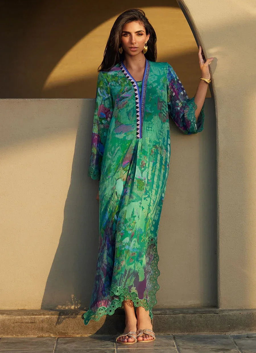 Farah Talib Aziz | Laani The Kaftan Edit | Ariel Emerald Crepe - Rang-e-Khaas