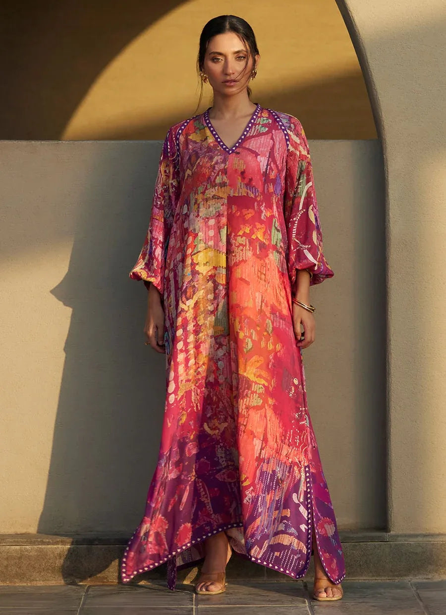 Farah Talib Aziz | Laani The Kaftan Edit | Mischa Magenta Crepe - Rang-e-Khaas