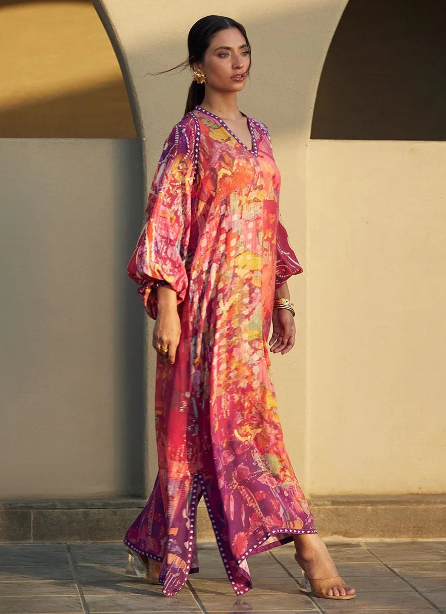 Farah Talib Aziz | Laani The Kaftan Edit | Mischa Magenta Crepe - Rang-e-Khaas