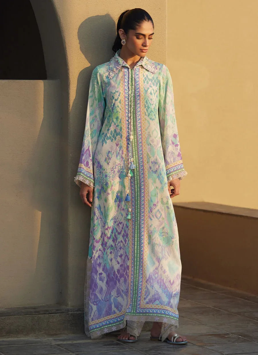 Farah Talib Aziz | Laani The Kaftan Edit | Marisol Ikkat Crepe - Rang-e-Khaas
