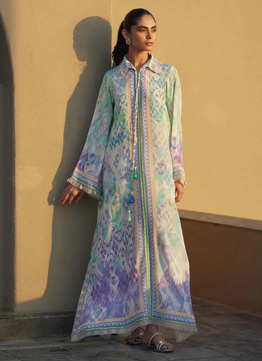 Farah Talib Aziz | Laani The Kaftan Edit | Marisol Ikkat Crepe - Rang-e-Khaas