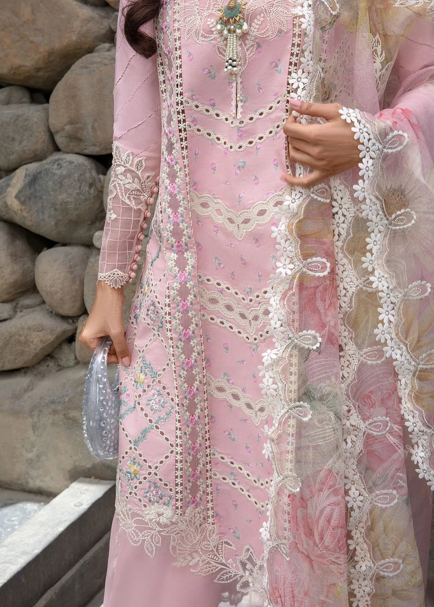 Crimson | Lawn 2024 | A Floral Mesh - Rose Pink - Rang-e-Khaas