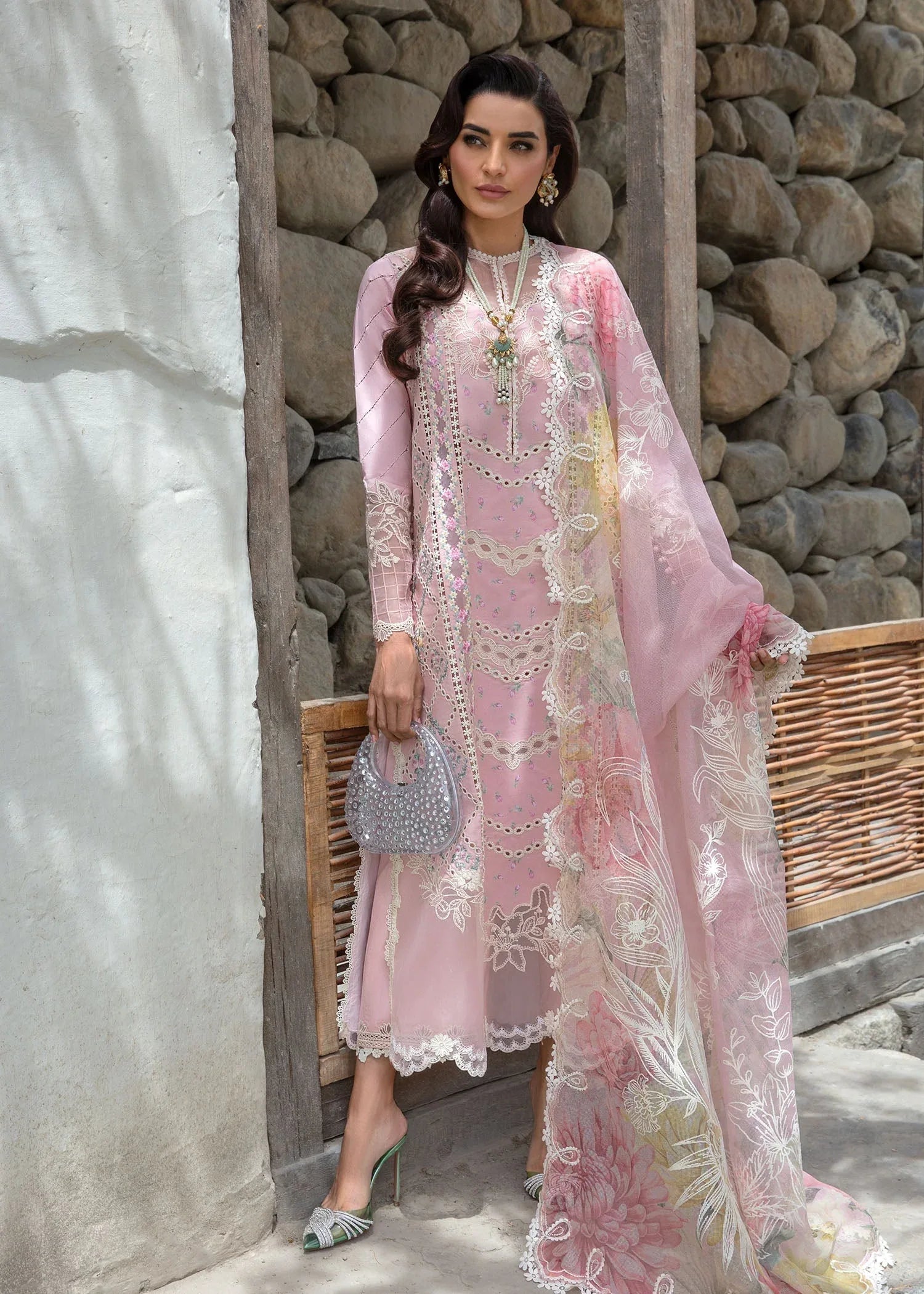 Crimson | Lawn 2024 | A Floral Mesh - Rose Pink - Rang-e-Khaas