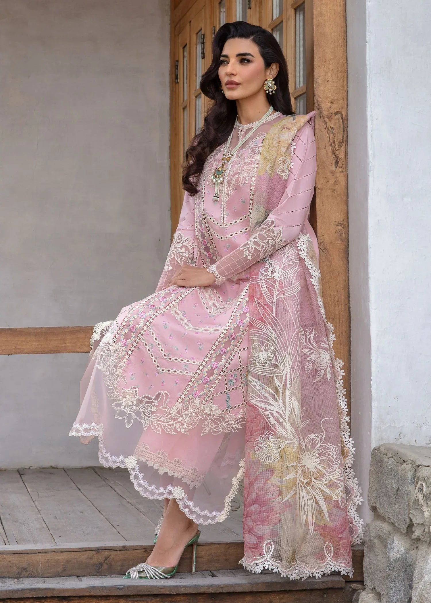 Crimson | Lawn 2024 | A Floral Mesh - Rose Pink - Rang-e-Khaas