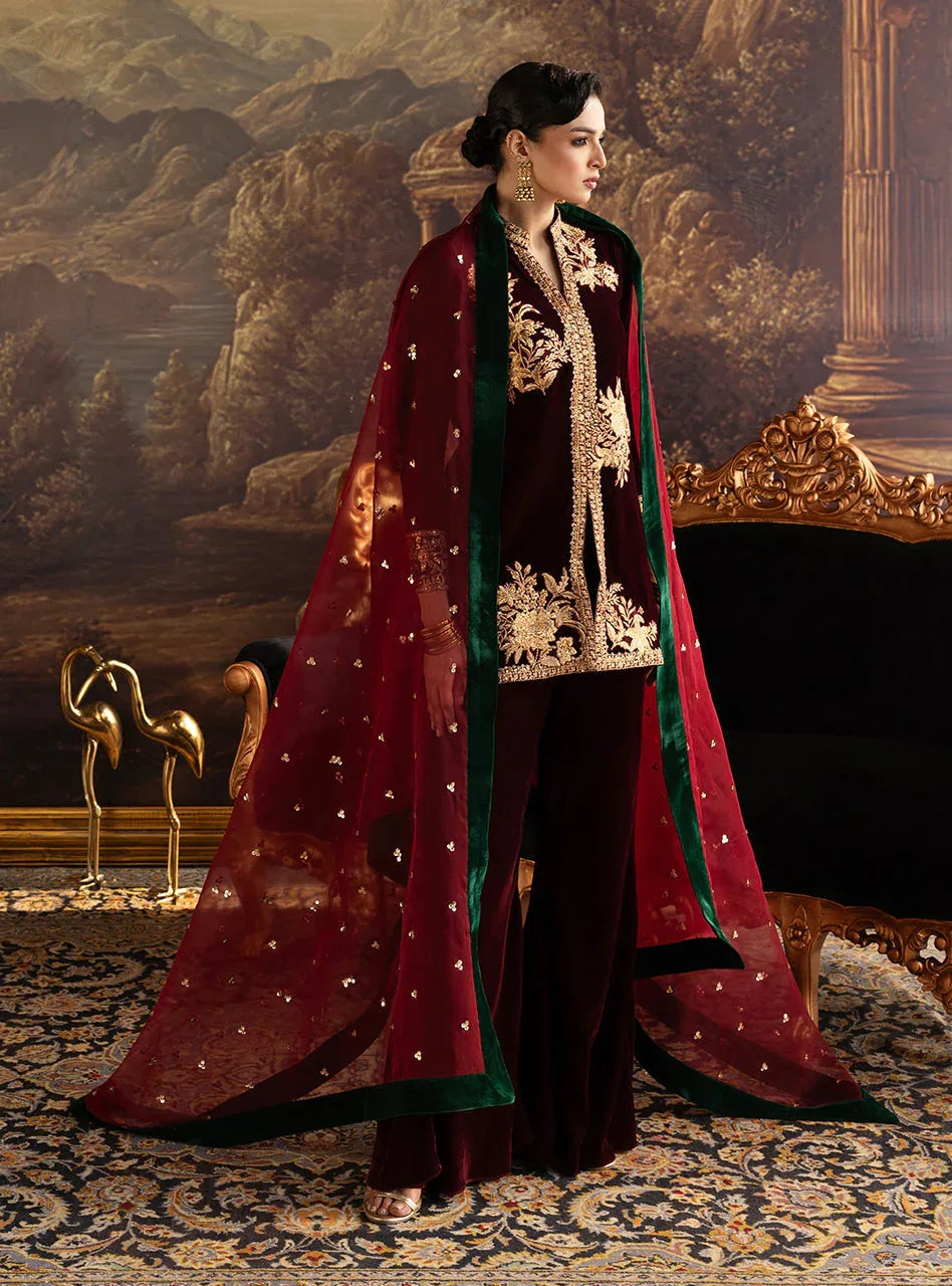Zainab Chottani | Velura Velvet Edit 25 | Claret Flared Pants - Rang-e-Khaas