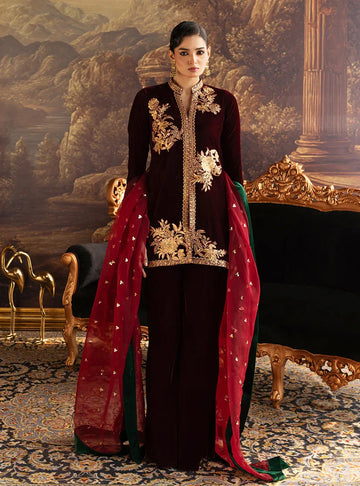 Zainab Chottani | Velura Velvet Edit 25 | Claret Flared Pants - Rang-e-Khaas