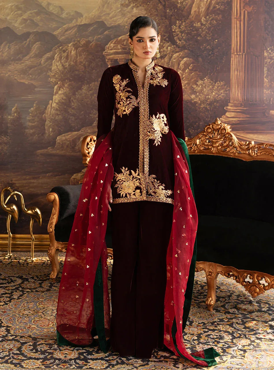 Zainab Chottani | Velura Velvet Edit 25 | Claret Flared Pants - Rang-e-Khaas