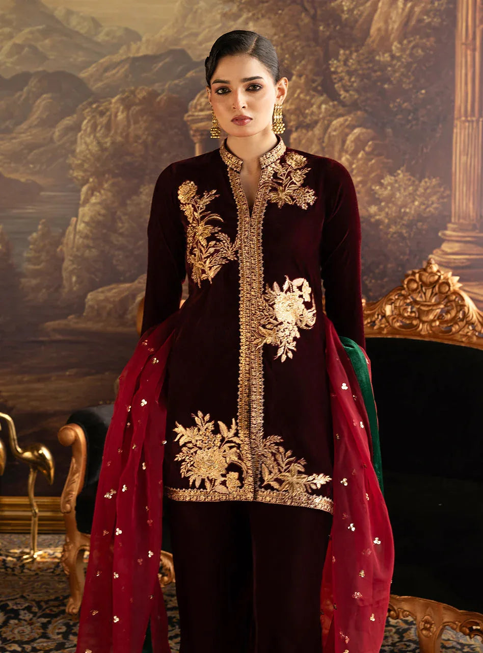 Zainab Chottani | Velura Velvet Edit 25 | Claret Flared Pants - Rang-e-Khaas